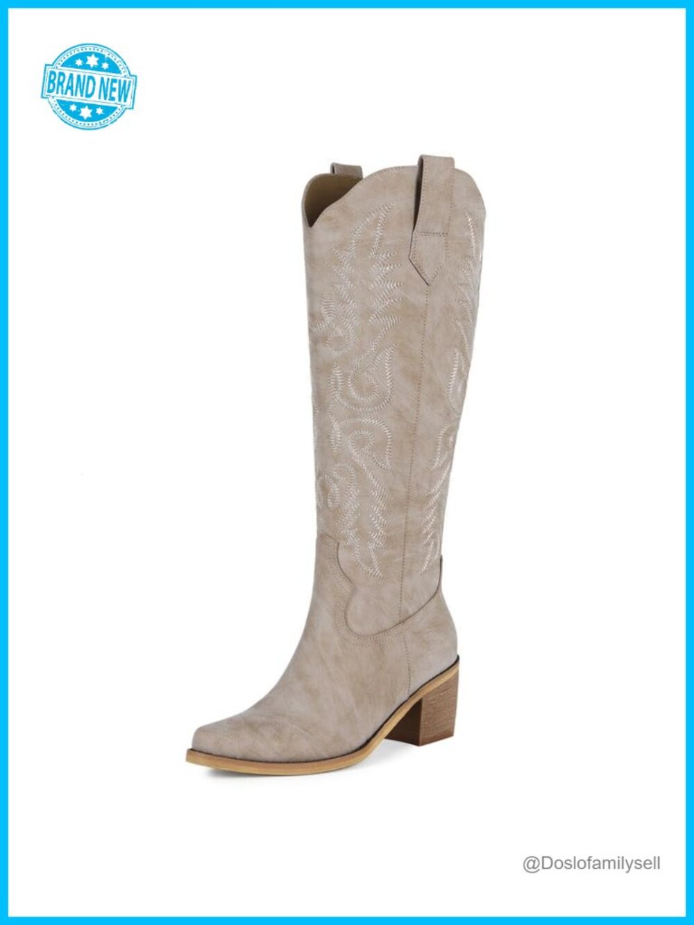 Faux Leather Cowgirl Knee High Western Boots Pointed Toe Chunky Heel Embroidery